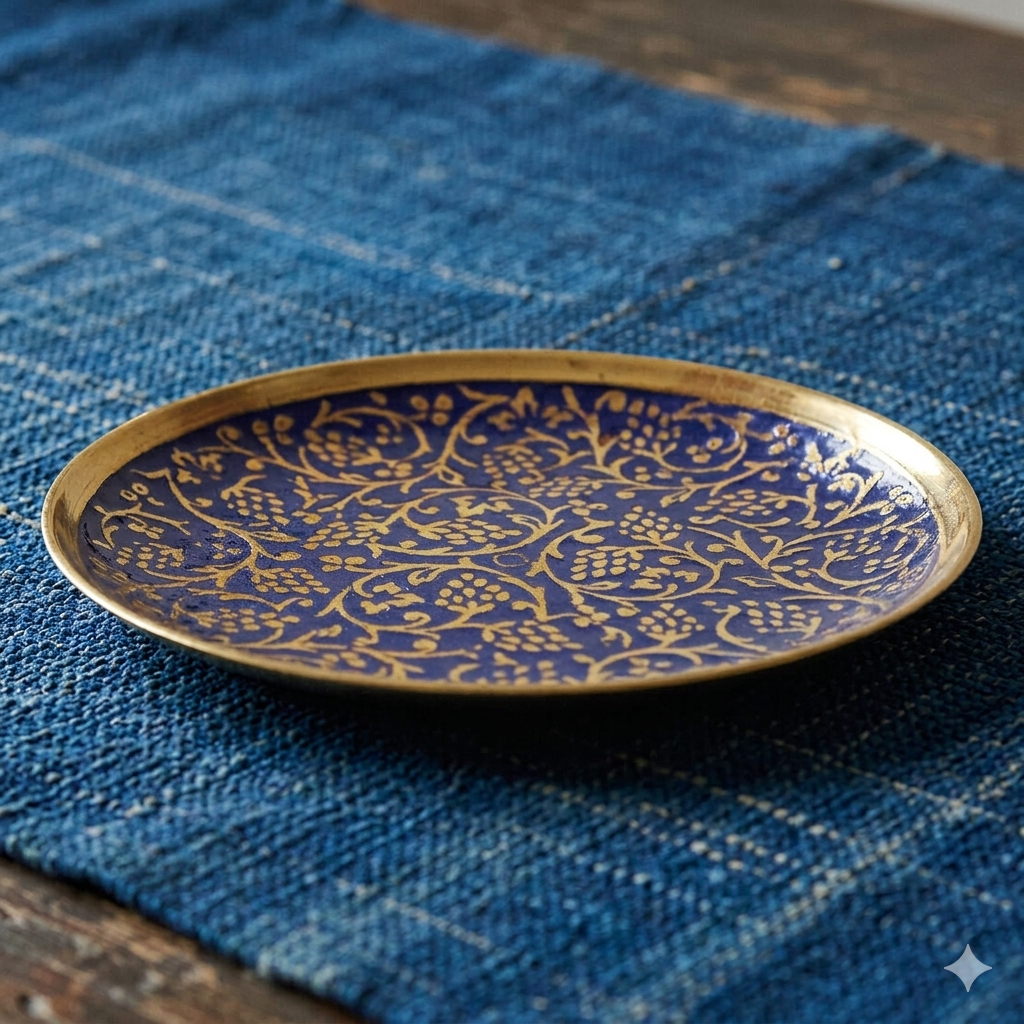 Premium brass decorative plate with blue enamel and intricate gold floral design for wall decor