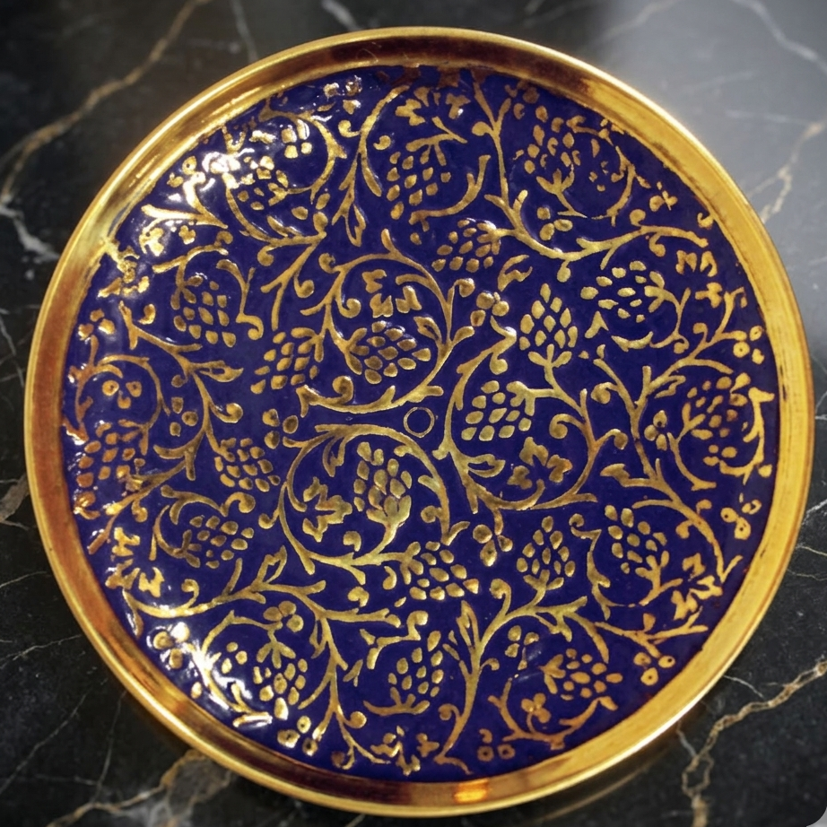 Handcrafted brass blue and gold floral decorative plate for luxury home decor and elegant serving