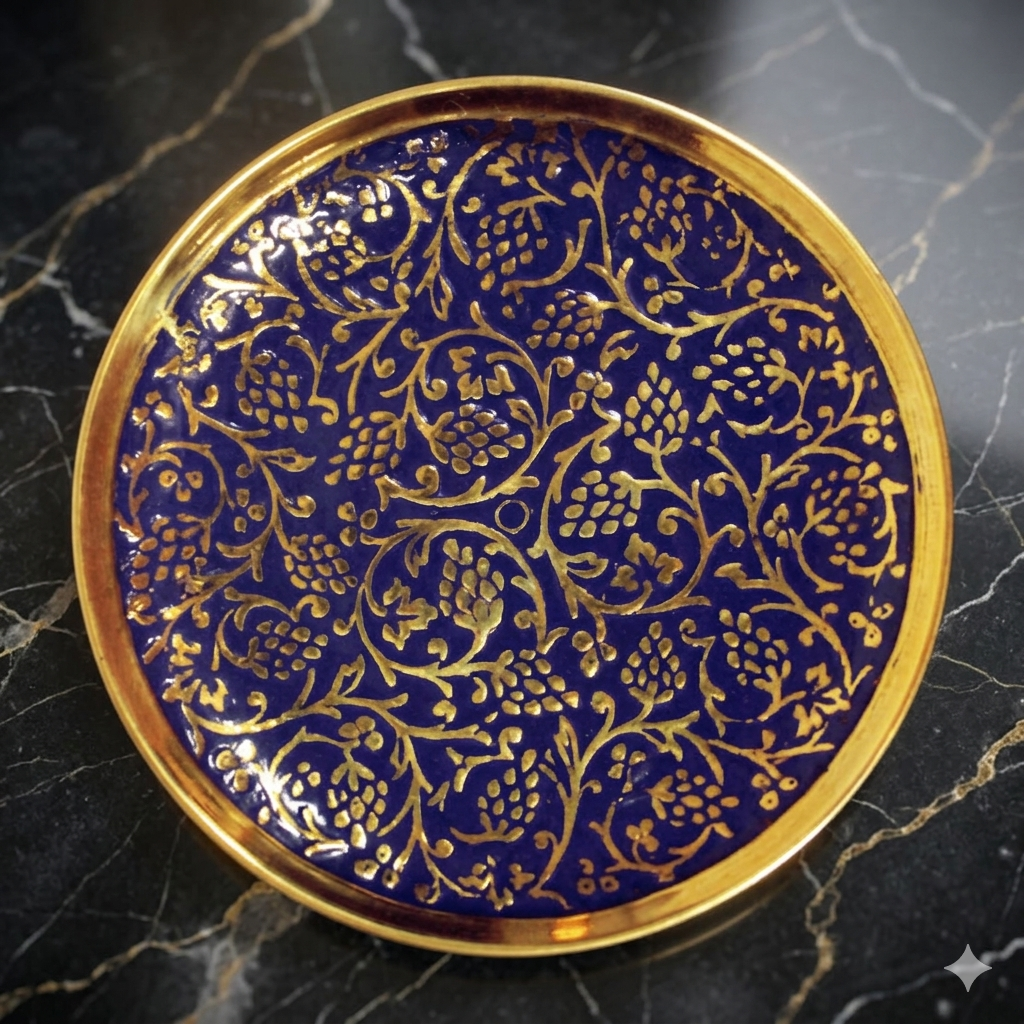 Luxury antique finish brass serving plate with royal blue and gold pattern for home decoration and gifting